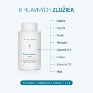 BIOGENA Osteo Caldebor® vegan s 8 zložkami: vápnik, horčík, zinok, mangán, vitamín K2, fosfor, vitamín D3 a meď. 90 kapsúl, balenie na 1 mesiac, 74 g.