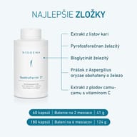 QuattroFerrin® 21 od BIOGENA so štyrmi zdrojmi železa a vitamínom C: extrakt z kari listov, pyrofosforečnan železitý, bisglycinát železnatý a železom obohatený Aspergillus oryzae.