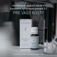 Fľaštička BIOGENA Vitamin D3 & K2 Tropfen vedľa balenia. Kombinácia vitamínov D a K prispieva k udržaniu zdravých kostí.