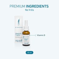 BIOGENA Vitamin D3 drops with packaging, highlighting premium ingredients without unnecessary additives and vitamin D.