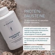 BIOGENA Aufbau Formula B-MAP® 12 mit 12 Aminosäuren im speziellen Verhältnis. Enthält acht essenzielle und vier bedingt essenzielle Aminosäuren. Proteine unterstützen Muskelmasse und normale Knochen.