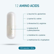 BIOGENA Aufbau Formula B-MAP® 12 capsule with 12 amino acids, including L-leucine, L-glutamine, L-lysine, L-valine, L-threonine, L-arginine, L-isoleucine and L-tryptophan. Pack contains 120 capsules, 88 g.