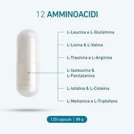 Capsula BIOGENA Aufbau Formula B-MAP® 12 con 12 aminoacidi, tra cui L-leucina, L-glutammina, L-lisina, L-valina, L-treonina, L-arginina, L-isoleucina e L-triptofano. Confezione da 120 capsule, 88 g.