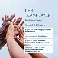 Vitamin B12 und Folsäure für Blut und Nerven: Sie unterstützen die normale psychische Funktion, Blutbildung und den Homocystein-Stoffwechsel. Vitamin B12 trägt zur normalen Funktion des Nervensystems bei.