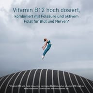 Hochdosiertes Vitamin B12, kombiniert mit Folsäure und aktivem Folat. Vitamin B12 und Folat unterstützen die normale Blutbildung, Vitamin B12 die normale Funktion des Nervensystems.