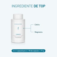Flacon BIOGENA CalMaCit cu calciu și magneziu sub formă de citrați. Conține 90 de capsule; doza recomandată: 1 capsulă de 3 ori pe zi.