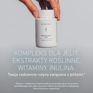 Dłoń trzymająca BIOGENA Darm Formula Plus. Kompleks jelitowy z ekstraktami roślinnymi, witaminami i inuliną do codziennego stosowania. Niacyna i witamina B2 pomagają utrzymać prawidłowy stan błon śluzowych.