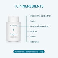 BIOGENA Darm Formula Plus with black cumin seed extract, inulin, turmeric extract, piperine, niacin and riboflavin. Pack contains 90 capsules (55 g), with a recommended intake of 3 capsules daily.