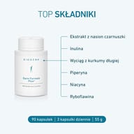 BIOGENA Darm Formula Plus z ekstraktem z czarnuszki, inuliną, kurkumą, piperyną, niacyną i ryboflawiną. Opakowanie zawiera 90 kapsułek (55 g). Zalecane spożycie: 3 kapsułki dziennie.