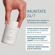 BIOGENA Immun 24/7 cu 13 vitamine și 8 minerale. Susține sistemul imunitar și protecția celulelor împotriva stresului oxidativ și conține substanțe vegetale precum echinaceea.