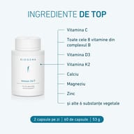 BIOGENA Immun 24/7 cu vitamina C, toate cele 8 vitamine B, vitaminele D3 și K2, calciu, magneziu, zinc și alte 6 substanțe vegetale. 60 de capsule, 2 capsule pe zi.