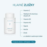 Balenie BIOGENA Immun 24/7 s hlavnými zložkami: vitamín C, všetkých 8 vitamínov skupiny B, vitamíny D3 a K2, vápnik, horčík, zinok a 6 ďalších rastlinných látok. 60 kapsúl, odporúčané dávkovanie 2 kapsuly denne.