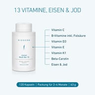 BIOGENA Junior Multi Bo® 13 mit 13 Vitaminen, darunter Vitamin C, B-Vitamine, D3, E und K1 sowie Beta-Carotin, Eisen und Jod. 120 Kapseln für 2–4 Monate.