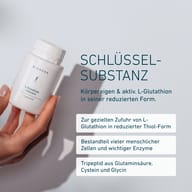 Hand hält BIOGENA L-Glutathion reduziert. Körpereigenes Tripeptid aus Glutaminsäure, Cystein und Glycin in reduzierter Thiol-Form. Bestandteil vieler menschlicher Zellen und wichtiger Enzyme.