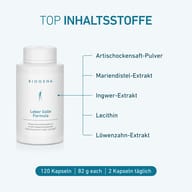 BIOGENA Leber Galle Formula con polvere di succo di carciofo, estratti di cardo mariano, zenzero e tarassaco e lecitina. 120 capsule, 2 capsule al giorno.