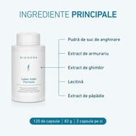 BIOGENA Formula pentru ficat și bilă cu pudră din suc de anghinare, extract de armurariu, extract de ghimbir, lecitină și extract de păpădie. 120 de capsule, 82 g, doză recomandată: 2 capsule pe zi.