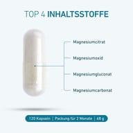 Nahaufnahme einer BIOGENA Magnesium 150 Kapsel. Enthält vier Magnesiumverbindungen: Magnesiumcitrat, Magnesiumoxid, Magnesiumgluconat und Magnesiumcarbonat. 120 Kapseln für 2 Monate.