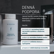 BIOGENA Magnesiumbisglycinat 125 ako denná podpora. Horčík prispieva k normálnej funkcii nervového systému a svalov, duševnej pohode, zníženiu únavy a vyčerpania a k elektrolytovej rovnováhe.