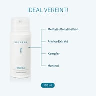 BIOGENA MSM Gel mit Methylsulfonylmethan, Arnika-Extrakt, Kampfer und Menthol. Kühlendes und pflegendes Gel in der 100-ml-Packung.