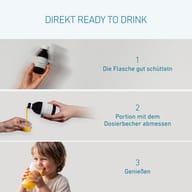 Preparazione di BIOGENA Multispektrum 24/7® Aktiv Saft: agitare bene il flacone, misurare una porzione con il misurino e gustare. Formula liquida facile da assumere ogni giorno.