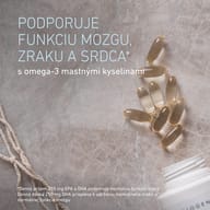 Kapsuly BIOGENA Omega 3 forte 700 na mramorovom povrchu. EPA a DHA podporujú normálnu funkciu srdca, zatiaľ čo DHA prispieva k udržaniu normálnej funkcie mozgu a zraku.
