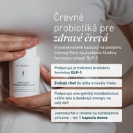 Osoba drží fľašu BIOGENA Omni Lactis® Metabolic Enterococcus. Text predstavuje podporu prirodzenej tvorby GLP-1, zníženie chuti do jedla, podporu energetického metabolizmu a jednoduché užívanie – 1 kapsula denne.