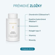 Balenie BIOGENA Arthro Formula® 4 s prehľadom prémiových zložiek: chondroitín, kyselina hyalurónová, glukozamín, kolagén typu II, vitamíny a minerály. Odporúčané užívanie sú 3 kapsuly denne.