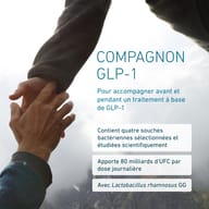 BIOGENA Omni Lactis® GLP-1 Companion con cuatro cepas bacterianas: Bifidobacterium lactis AZHx1, Lactobacillus rhamnosus GG, Lactobacillus casei AZHx3 y Lactobacillus reuteri AZHx3. Envase de 60 cápsulas.