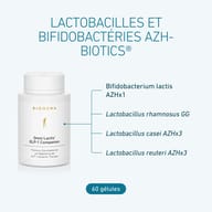 BIOGENA Omni Lactis® GLP-1 Companion avec quatre souches bactériennes : Bifidobacterium lactis AZHx1, Lactobacillus rhamnosus GG, Lactobacillus casei AZHx3 et Lactobacillus reuteri AZHx3. Boîte de 60 gélules.