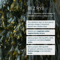100 % vegánske omega-3 z oleja z rias, ideálne pre vegánsku alebo vegetariánsku stravu. EPA a DHA prispievajú k normálnej činnosti srdca, DHA podporuje činnosť mozgu a zrak.