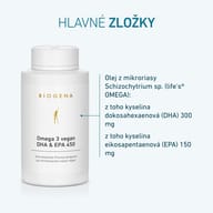 BIOGENA Omega 3 vegan DHA & EPA 450 s olejom z mikroriasy Schizochytrium sp. (life’s® OMEGA), s obsahom 300 mg DHA a 150 mg EPA. Vegánsky zdroj omega-3.