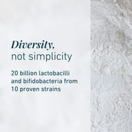 Graphic highlighting the diversity of BIOGENA Omni Lactis® 20 with 20 billion lactobacilli and bifidobacteria from 10 proven strains.