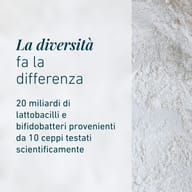 Grafica che evidenzia la varietà di BIOGENA Omni Lactis® 20 con 20 miliardi di lattobacilli e bifidobatteri provenienti da 10 ceppi selezionati.