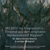 Felswand mit Hinweis auf 2000 mg Magnesium-L-Threonat aus originalem Magtein® für mentale Balance und weniger Müdigkeit.