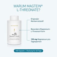BIOGENA Magtein® Magnesium-L-Threonat: originaler Markenrohstoff, besondere Magnesium-L-Threonat-Form und 155 mg Magnesium pro Tagesportion. 180 Kapseln für 60 Tage.