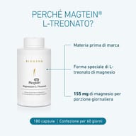 BIOGENA Magtein® Magnesium-L-Threonat con materia prima brevettata, 155 mg di magnesio per dose giornaliera. Confezione da 180 capsule per 60 giorni.