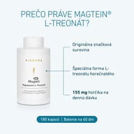 BIOGENA Magtein® Magnesium-L-Threonat z originálnej značkovej suroviny so špeciálnou formou L-treonátu horečnatého. 155 mg horčíka v dennej dávke, 180 kapsúl na 60 dní.