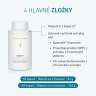 Biela fľaša BIOGENA Ester-C® so štyrmi hlavnými zložkami: vitamínom C z Ester-C®, kvercetínom Quercefit®, proantokyanidínmi z extraktu z hroznových jadierok a citrusovými bioflavonoidmi. Dostupná v baleniach s 90 alebo 1