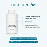Biela fľaša BIOGENA Neurosagena® B-Komplex active s prémiovými zložkami: všetkými 8 vitamínmi skupiny B, vitamínom C a fosfatidylserínom zo slnečnicového lecitínu. Produkt je dostupný v balení 60 alebo 180 kapsúl.