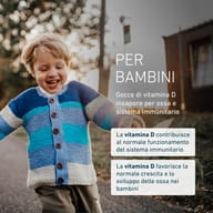 Gocce di vitamina D per bambini: la vitamina D contribuisce alla normale funzione del sistema immunitario e alla normale crescita e sviluppo delle ossa nei bambini.