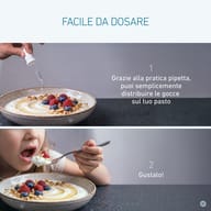 Dosaggio semplice delle gocce di vitamina D: distribuirle su un pasto con la pipetta e gustare. Le gocce dal gusto neutro si integrano facilmente nella routine quotidiana.