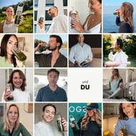 Collage mit verschiedenen Menschen, die BIOGENA ONE in unterschiedlichen Alltagssituationen trinken – beim Sport, unterwegs, zu Hause und am Meer. In der Mitte steht der Schriftzug „und DU“, der dazu einlädt, Teil der BI