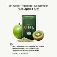 BIOGENA ONE Sachet mit grünem Apfel, Kiwi und Pulver. Der Hinweis betont den fruchtigen Geschmack nach Apfel und Kiwi. Darunter eine Kundenbewertung von Paul W. (Mai 2025), die den Geschmack als „echten Gamechanger“ besc