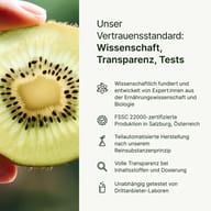 Halbierte Kiwi neben den Qualitätsstandards von BIOGENA ONE. Hervorgehoben werden wissenschaftliche Entwicklung, FSSC-22000-zertifizierte Produktion in Salzburg, transparente Inhaltsstoffe und unabhängige Labortests.