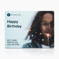 BIOGENA gift card, text, blurred person, sparkler, sparks