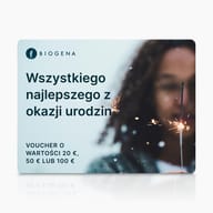 Karta podarunkowa BIOGENA, tekst, rozmyta osoba, zimne ognie, iskry