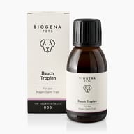 BIOGENA PETS Bauch Tropfen, Faltschachtel und Flasche, Hundesymbol, schwarzer Hintergrund