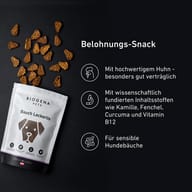 BIOGENA PETS Bauch Leckerlis mit knusprigen Hundesnacks auf schwarzem Hintergrund. Belohnungssnack mit hochwertigem Huhn, Kamille, Fenchel, Curcuma und Vitamin B12. Besonders gut verträglich für sensible Hundebäuche.