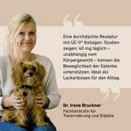 Dr. Irene Bruckner con un cane, presenta gli snack BIOGENA PETS con collagene UC-II® per sostenere la mobilità articolare.