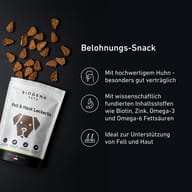 BIOGENA PETS Fell & Haut Leckerlis mit Hundesnacks auf schwarzem Hintergrund. Belohnungssnack mit hochwertigem Huhn, Biotin, Zink sowie Omega-3- und Omega-6-Fettsäuren zur Unterstützung von Haut und Fell.